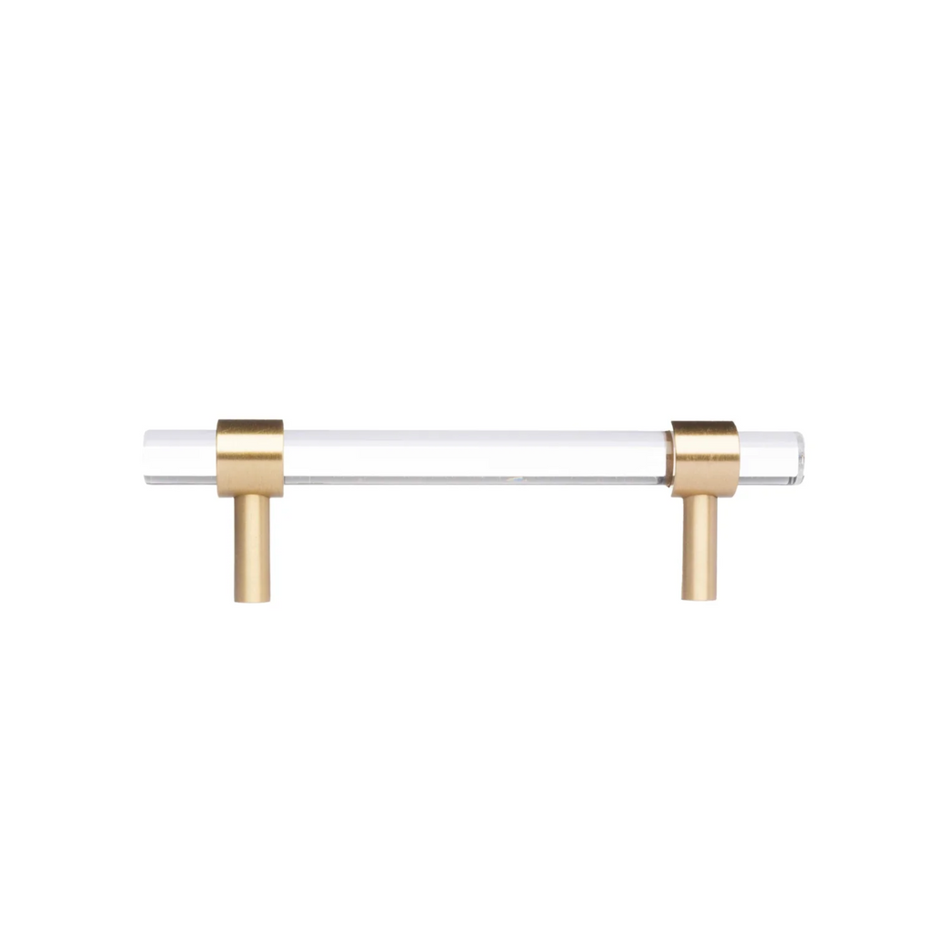 Clear acrylic and brass T-bar handle from Brass Essence collection, showcasing sleek modern design and polished brass finish.