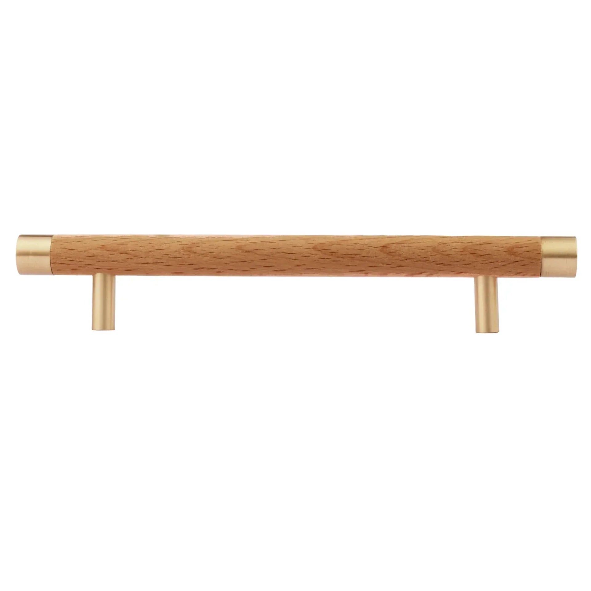 Natural wood and brass T-bar handle from Brass Essence collection, showcasing polished brass and smooth wooden grip.