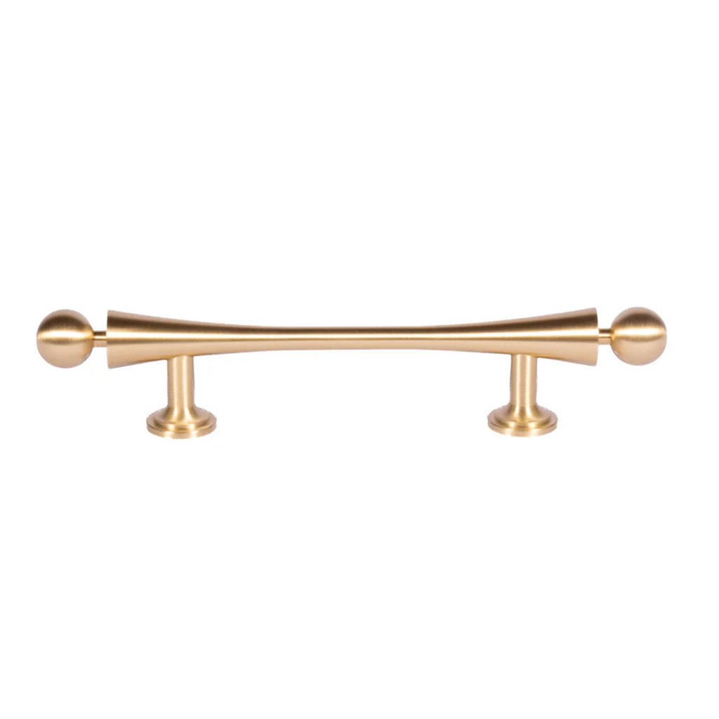 Seasaw Hourglass brass cabinet handle by Brass Essence, brushed brass finish with a sleek hourglass shape for furniture drawers and cabinets.