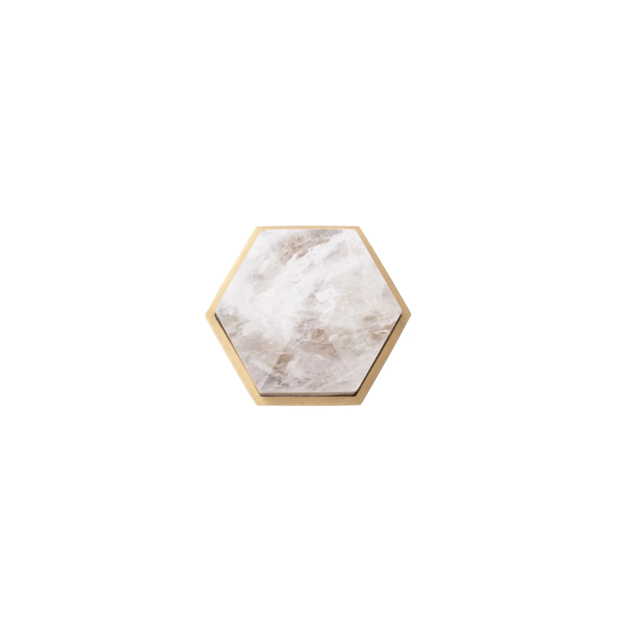 Brass Essence natural crystal and brass hexagon knob with polished brass finish, showcasing the intricate geometric design.