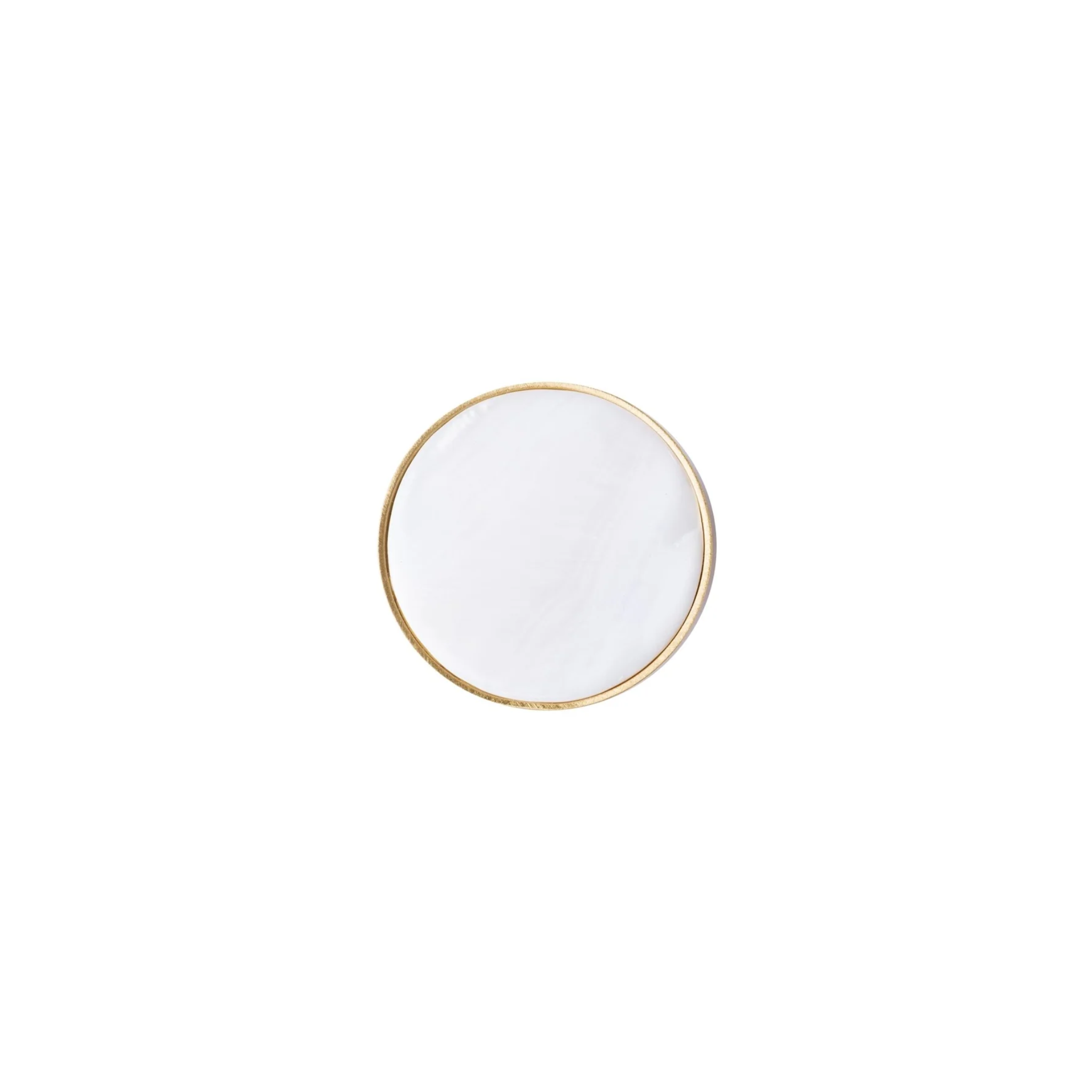 Mother of Pearl and brass round cabinet knob by Brass Essence, featuring a polished pearl and brass finish with a sleek circular shape.