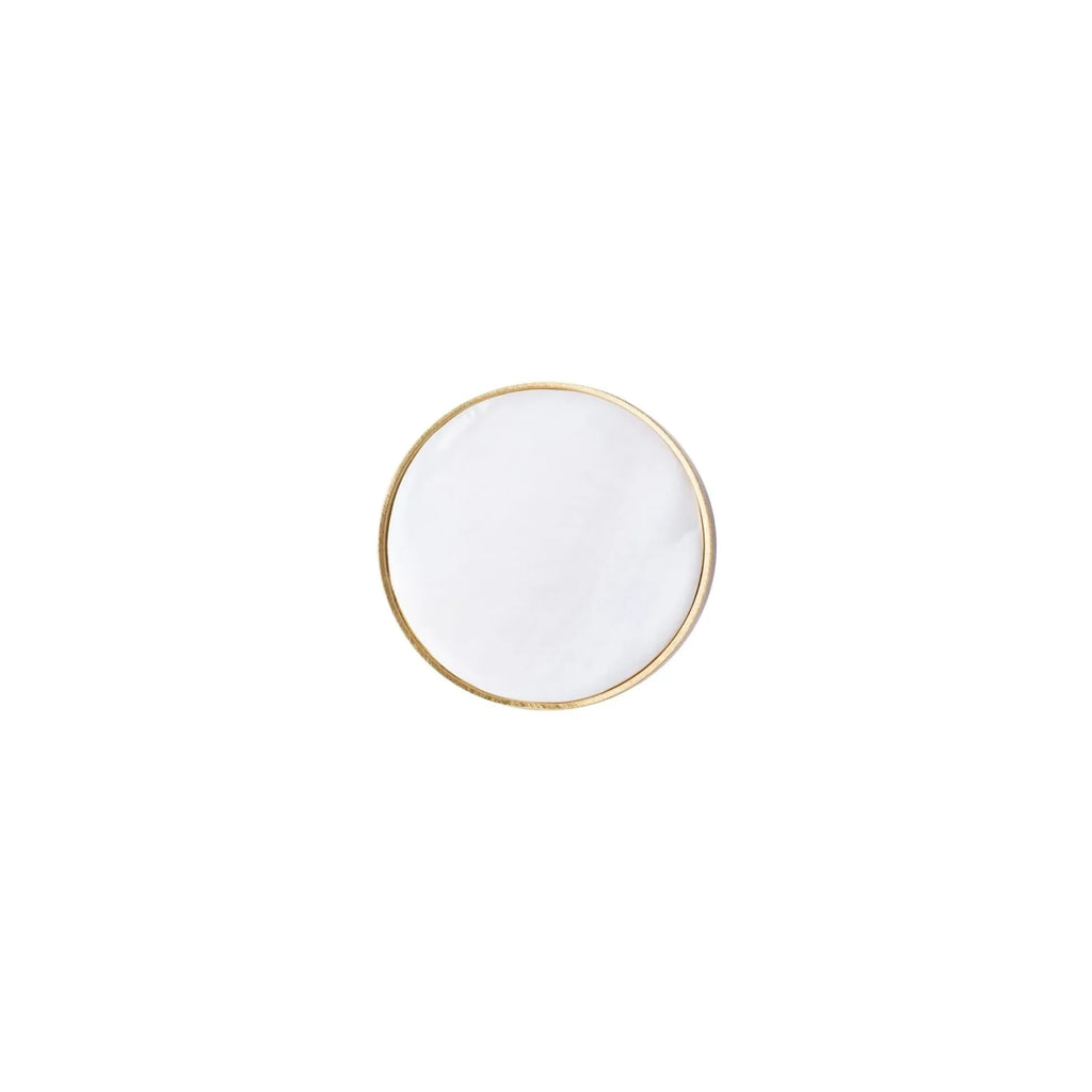 Mother of Pearl and brass round cabinet knob by Brass Essence, featuring a polished pearl and brass finish with a sleek circular shape.