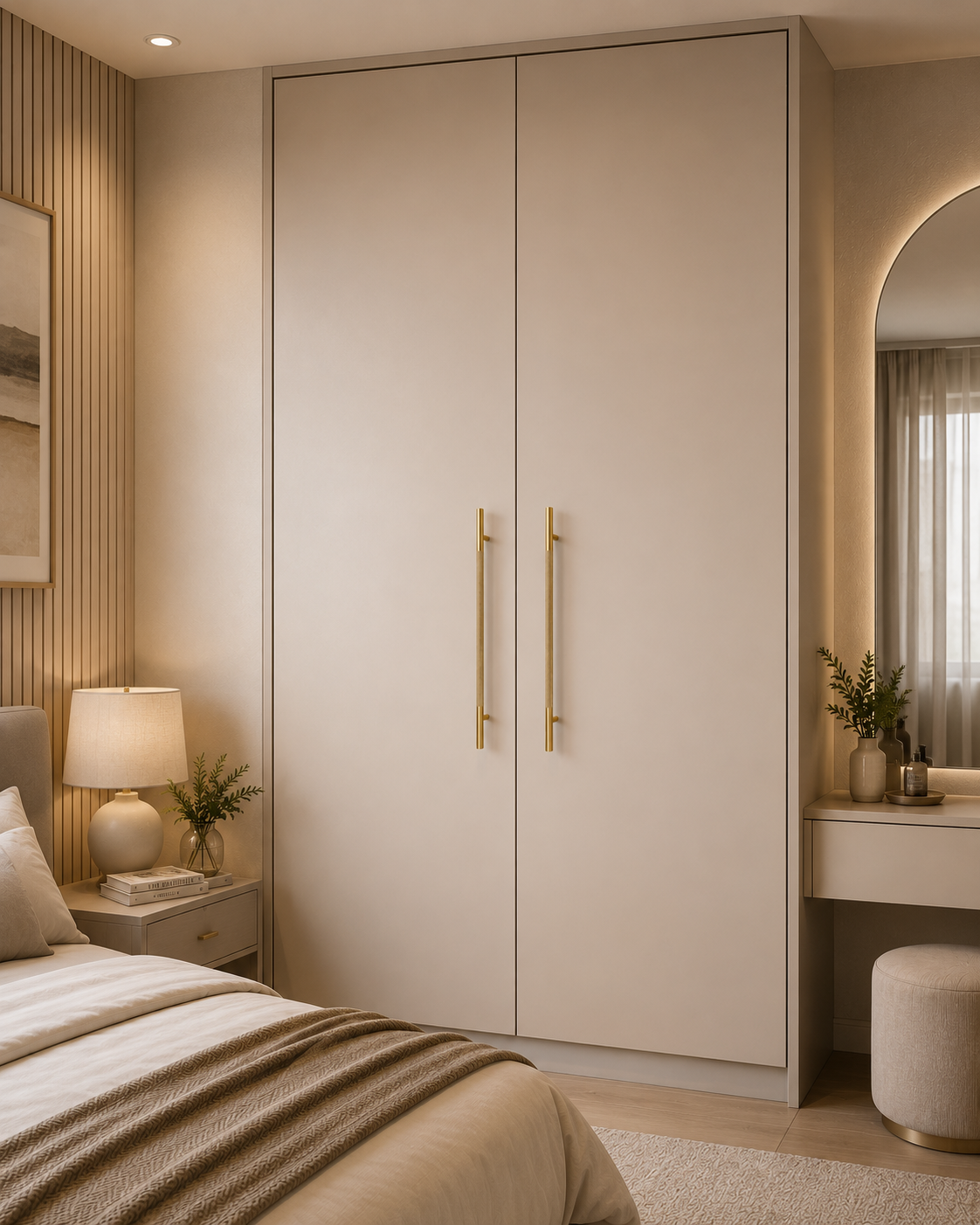 A modern bedroom featuring a large double-door wardrobe in a warm cream color with slim gold handles, positioned next to a bed and vanity area.