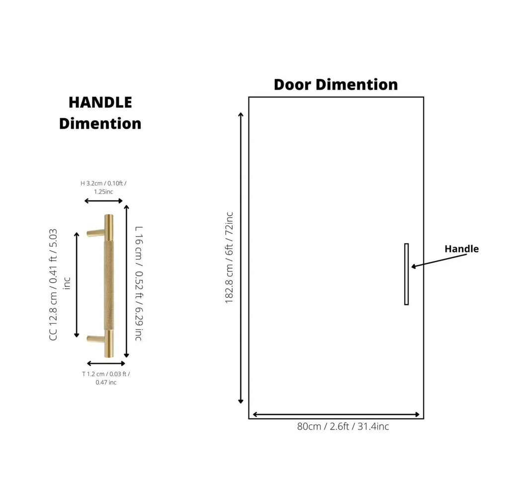Diagram showing dimensions of a door handle and door dimensions on a white background.
