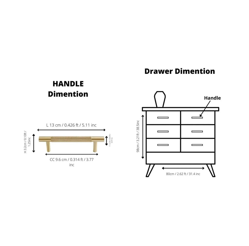Illustration showing dimensions of a handle and drawer with labels on a white background