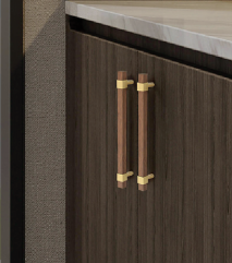 Brass Essence walnut and brass T-bar handle collection W-0010, featuring sleek brass handles with walnut accents for furniture or cabinetry.