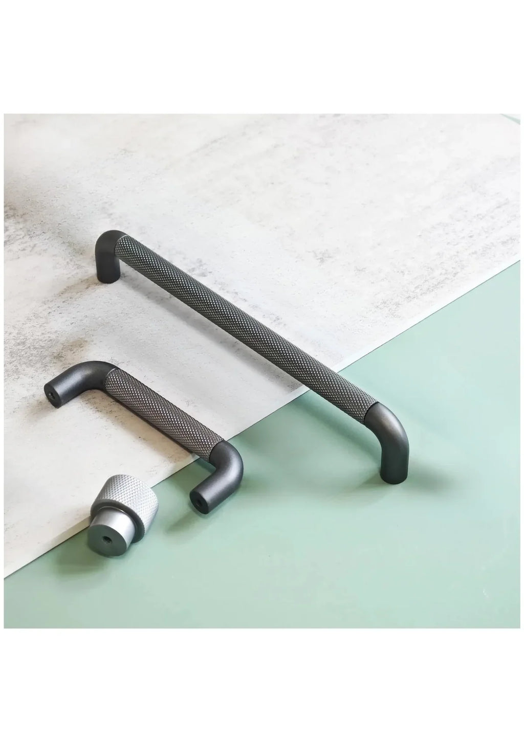 Textured zinc alloy bar and knob handle set by Brass Essence, featuring modern industrial design for cabinetry or furniture.