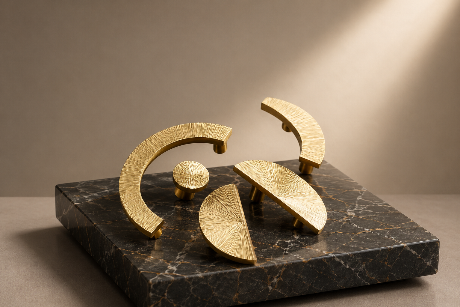 Four modern abstract gold hardware pulls with textured brushed finishes, displayed on a dark black-and-white marble block against a warm beige background.