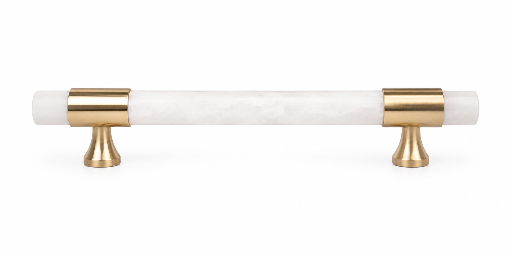 A modern cabinet pull handle featuring a white marble inlay with subtle gray veining and polished gold-finished metal brackets and posts, shown against a solid white background.