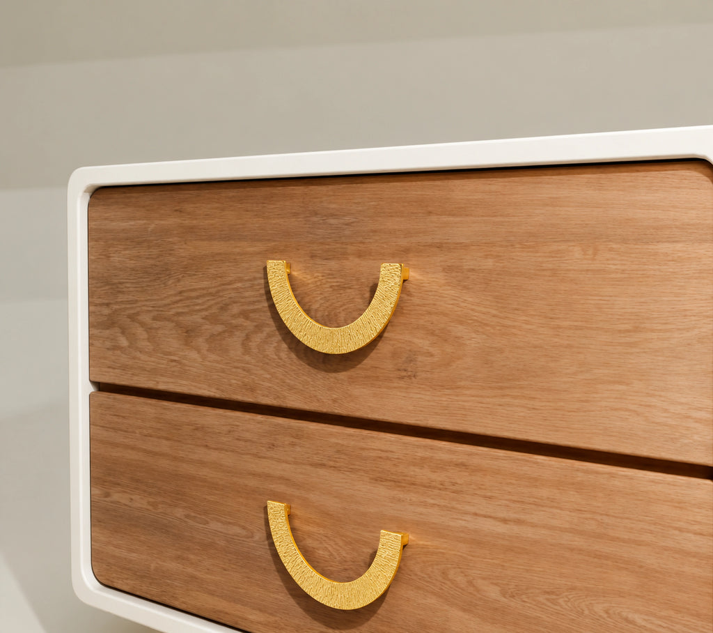 Hammered Brass Half-Circle Pulls, open half circle drawer installed – Brass Essence