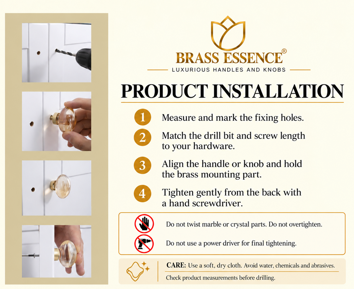 Brass Essence cabinet handle and knob installation guidelines
