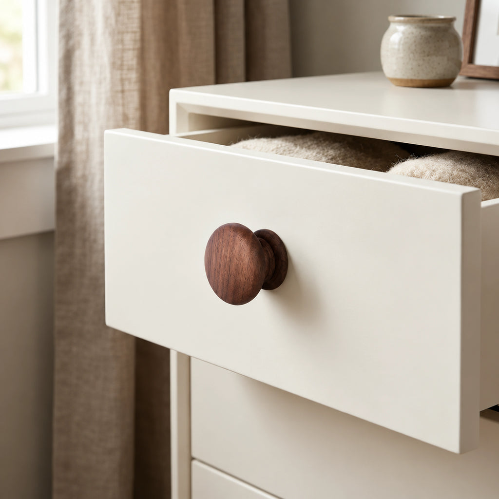 Tectona walnut wooden cabinet knob fitted to a cream drawer – Brass Essence