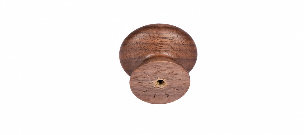 Tectona walnut wooden cabinet knob showing rear fixing hole – Brass Essence