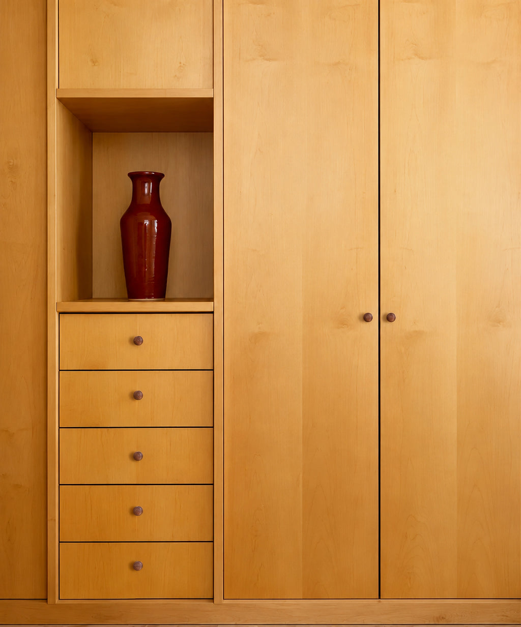 Tectona walnut wooden knobs installed on wooden wardrobe doors and drawers – Brass Essence