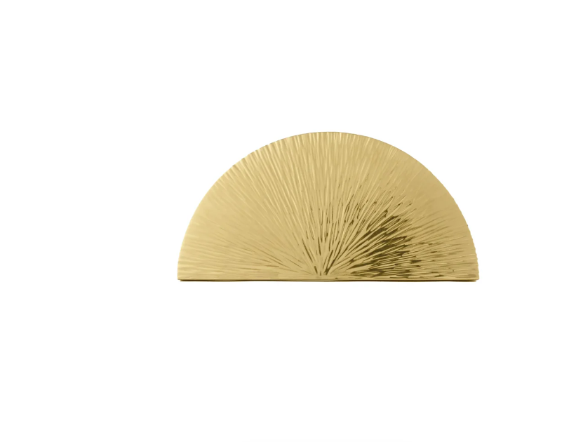 A gold-finished semi-circular wall decor piece with a textured, radiating sunburst pattern, shown against a plain white background.