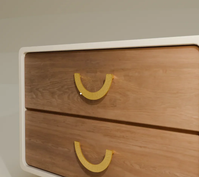 Close-up of a two-drawer wooden cabinet with a white frame and curved yellow handles, set against a plain light wall.