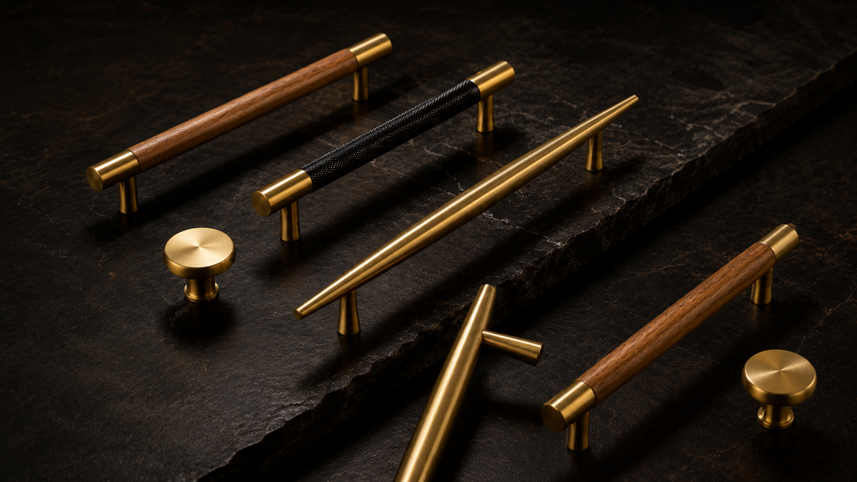 A set of modern cabinet hardware including bar pulls and round knobs in brushed brass, wood, and black textured finish, arranged on a dark slate background.