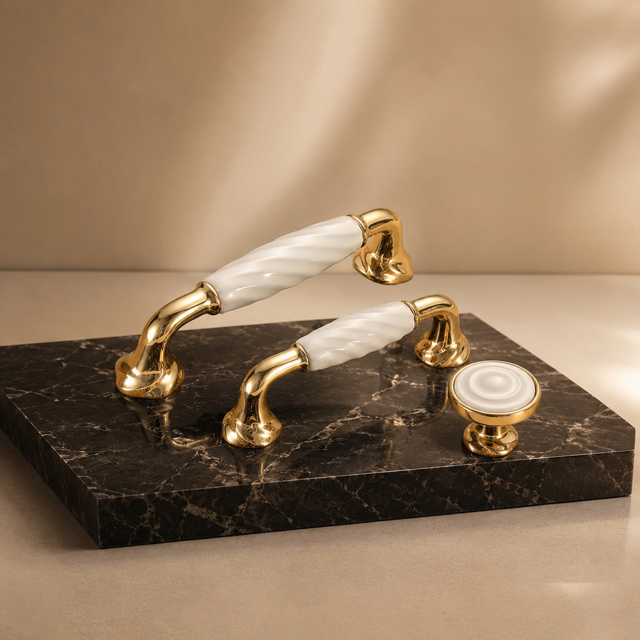 Linéa Ridged Ceramic & Gold Cabinet Handles | Luxury Ceramic Handles India