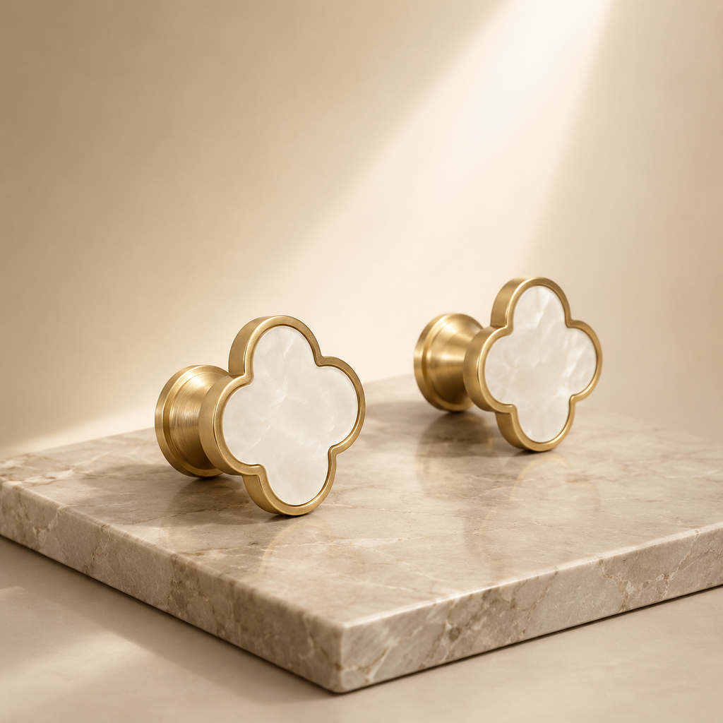 Clover Acrylic Brass Cabinet Knob | Brass Essence India