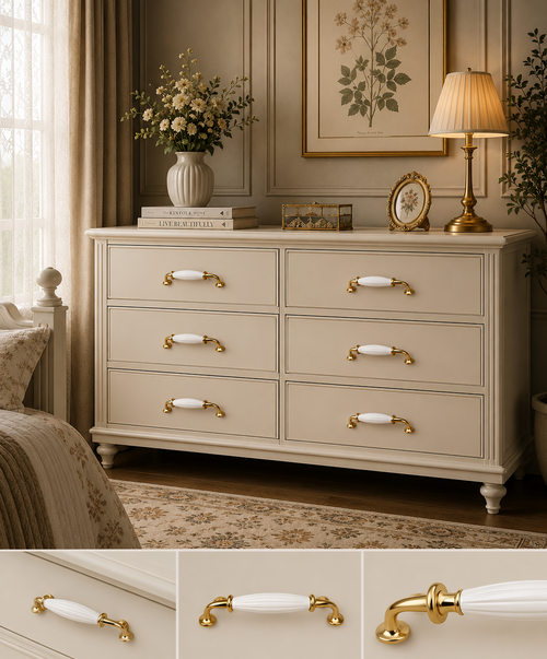 Élan White Ceramic & Gold Cabinet Handle | Luxury Cabinet Pull India