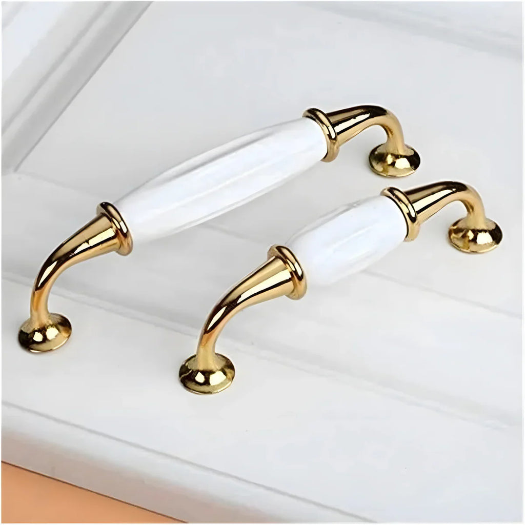 Élan White Ceramic & Gold Cabinet Handle | Luxury Cabinet Pull India